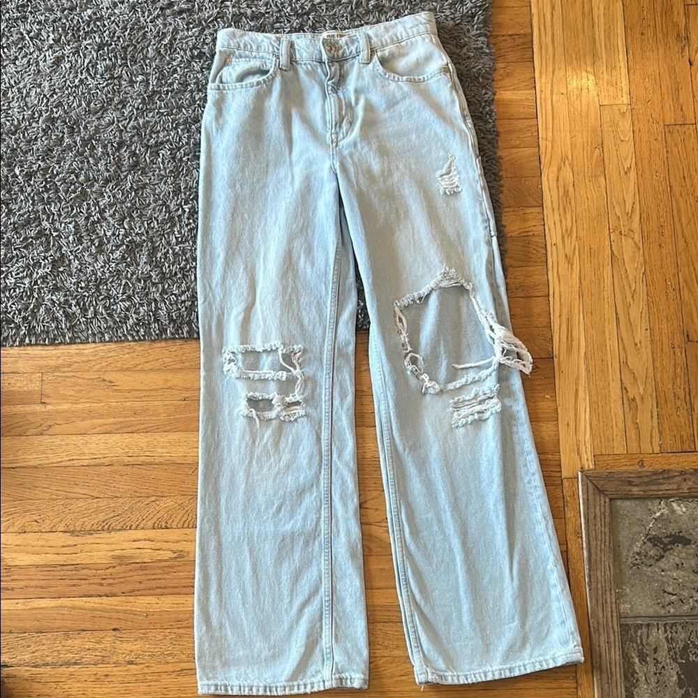 We The Free Tinsley Baggy High Rise Straight Leg Light Blue Distressed Jeans 27